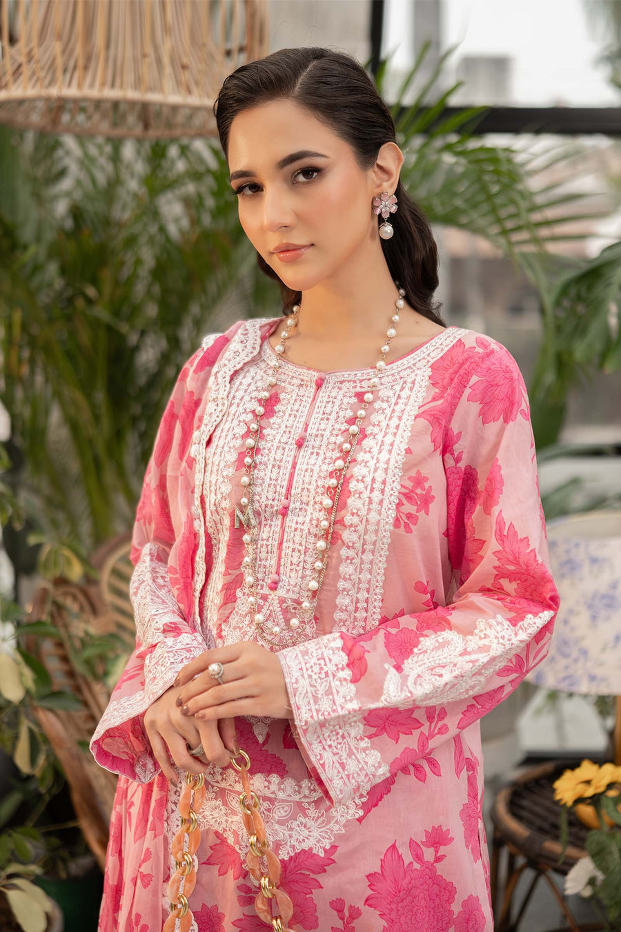Maria B Pink Printed Lawn Embroidery Chiffon Duptta 3pc Unstitched SC-1274