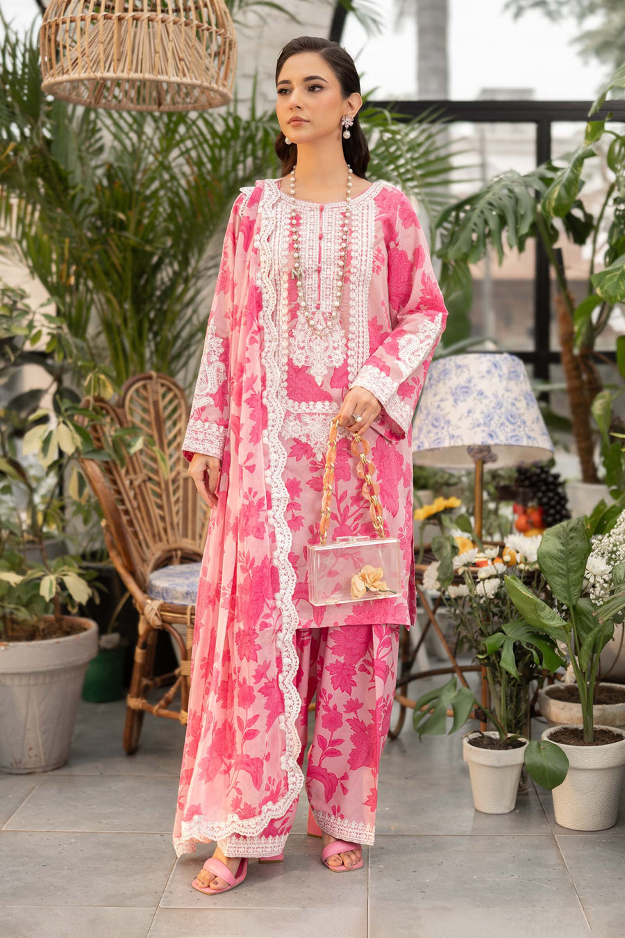Maria B Pink Printed Lawn Embroidery Chiffon Duptta 3pc Unstitched SC-1274