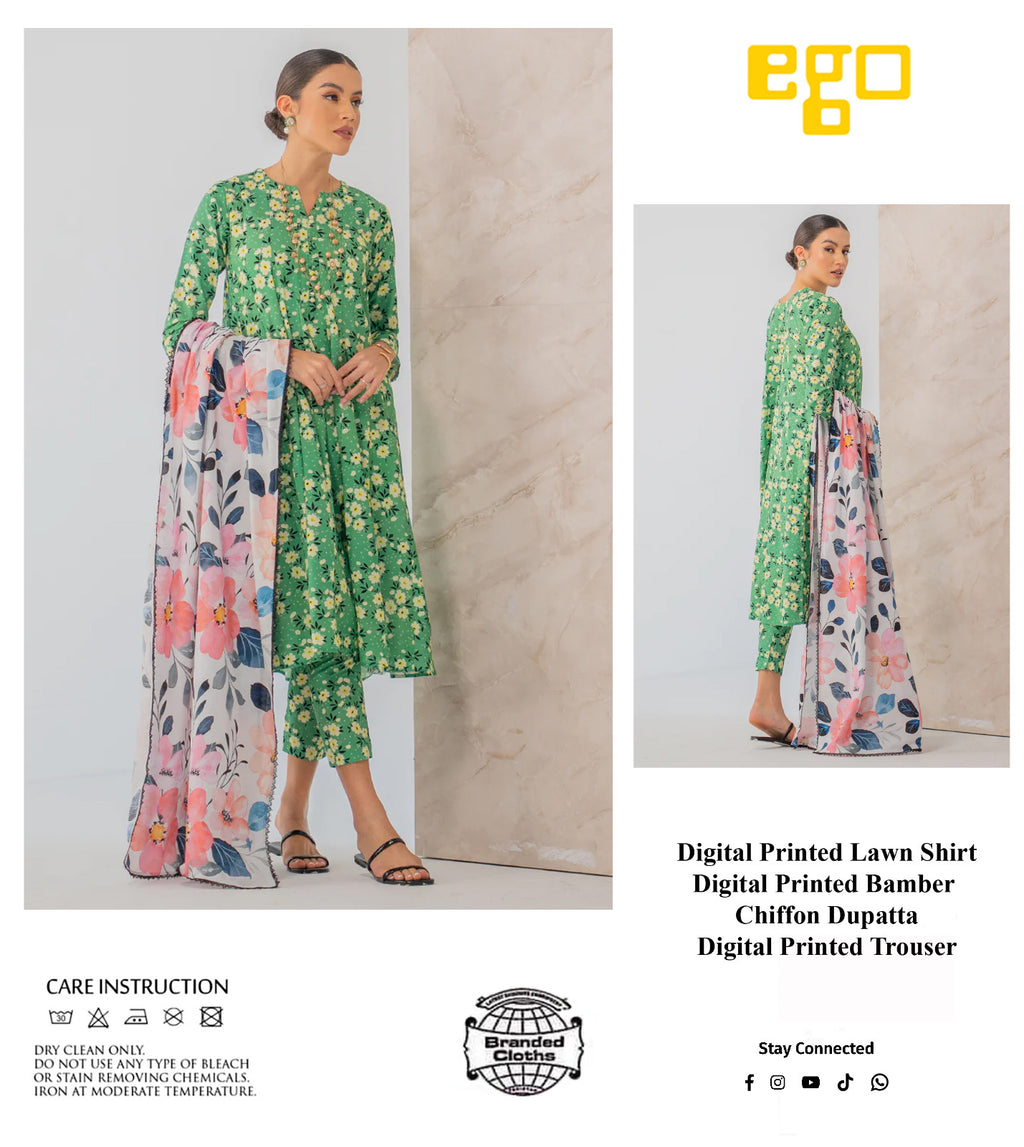 Ego Pure Lawn Print Green Dress  - No: SC 1078 - Shiss collection