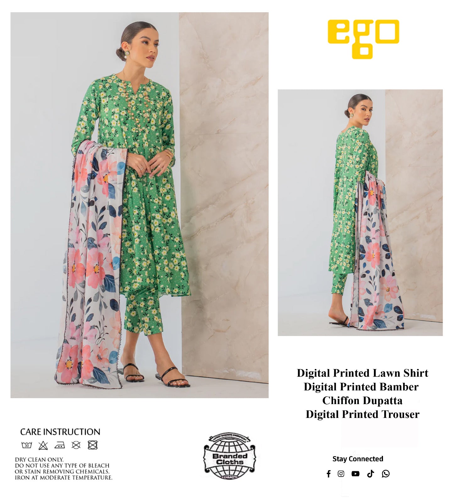 Ego Pure Lawn Print Green Dress  - No: SC 1078 - Shiss collection