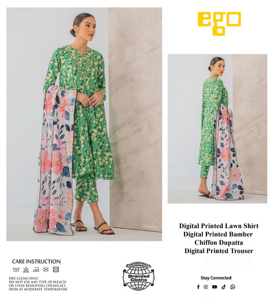Ego Pure Lawn Print Green Dress  - No: SC 1078 - Shiss collection