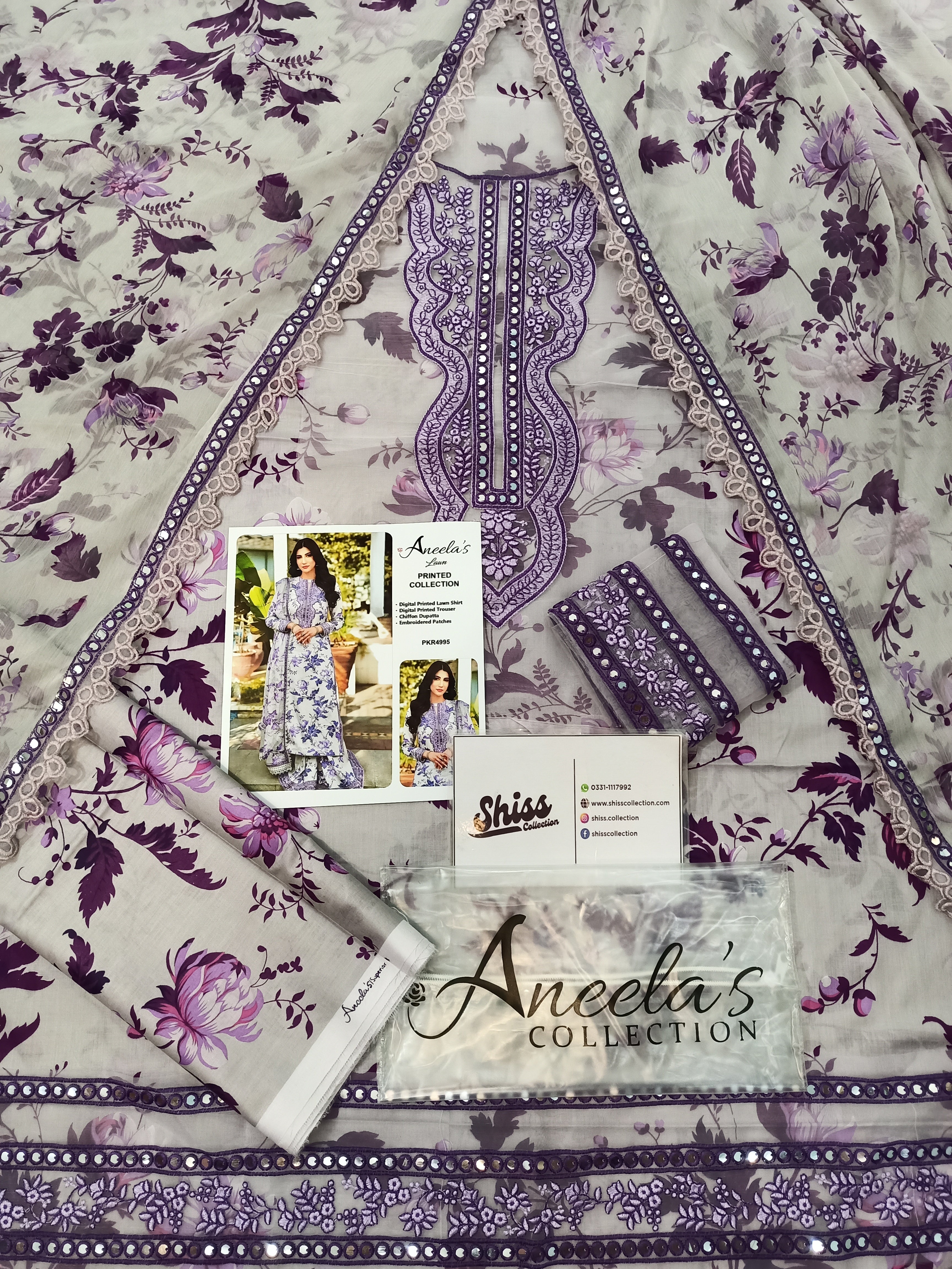 Aneela's Purple Luxury Lawn Embroidered 3Piece Unstitched  SC-1329