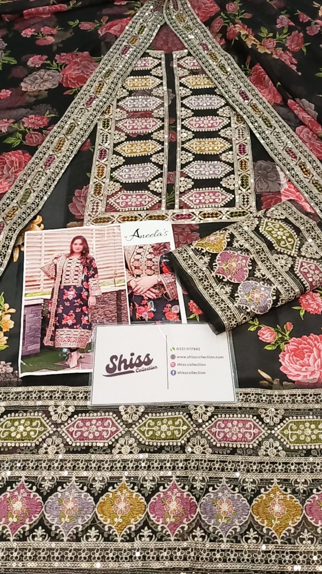 Aneela's Black Luxury Silk Digital Print Embroidered 3Piece Unstitched  SC-1330