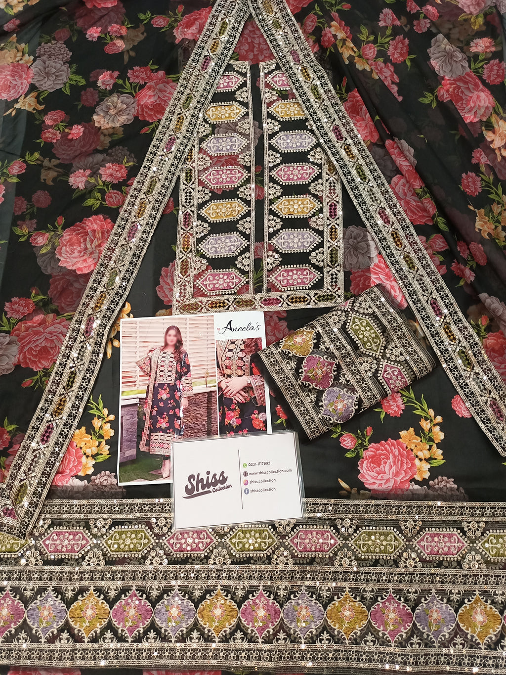 Aneela's Black Luxury Silk Digital Print Embroidered 3Piece Unstitched  SC-1330