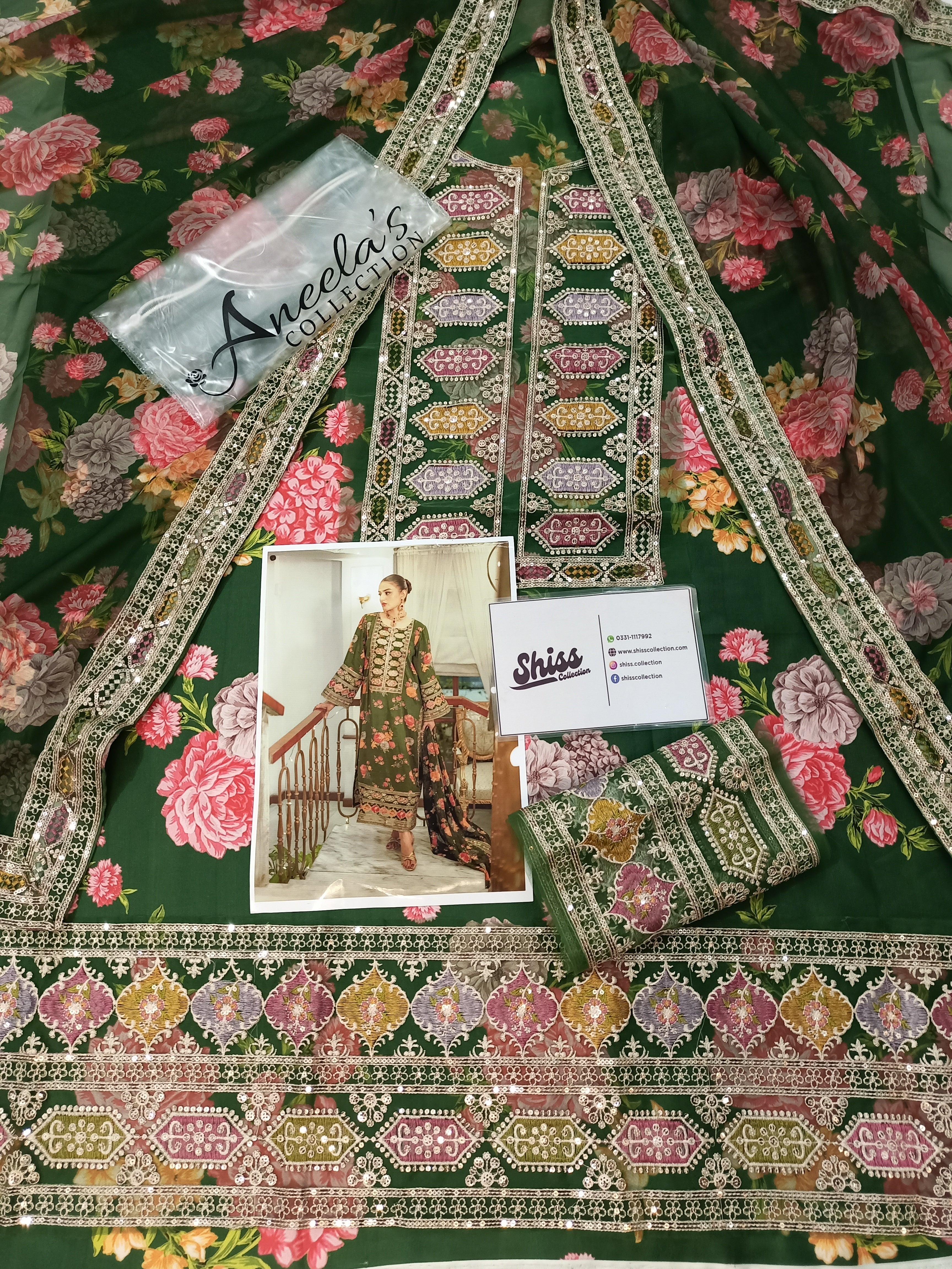 Aneela's Green Luxury Silk Digital Print Embroidered 3Piece Unstitched  SC-1331