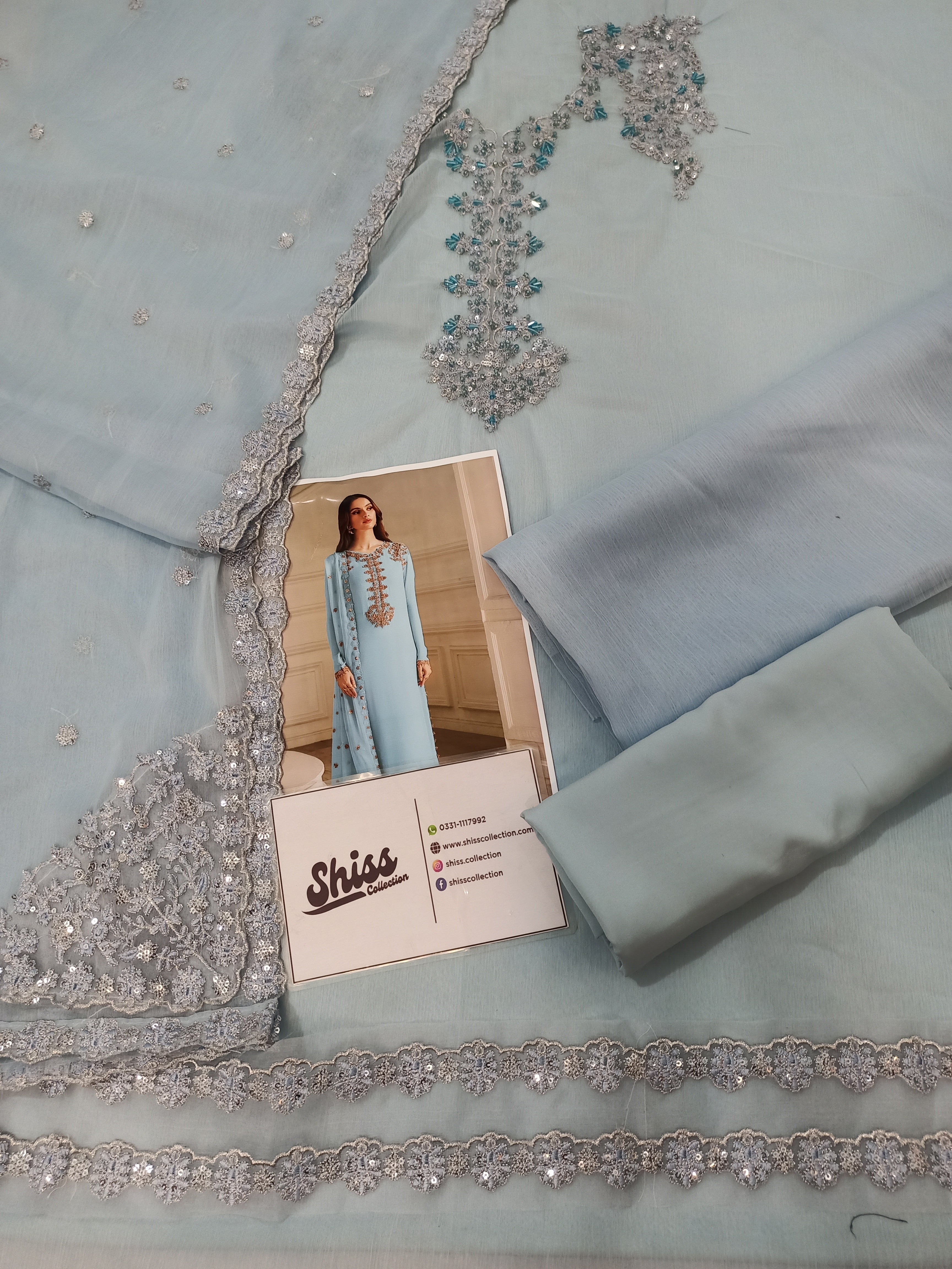 Iznik Sky Blue Chiffon Embroidery Hand Work 3Piece Unstitched