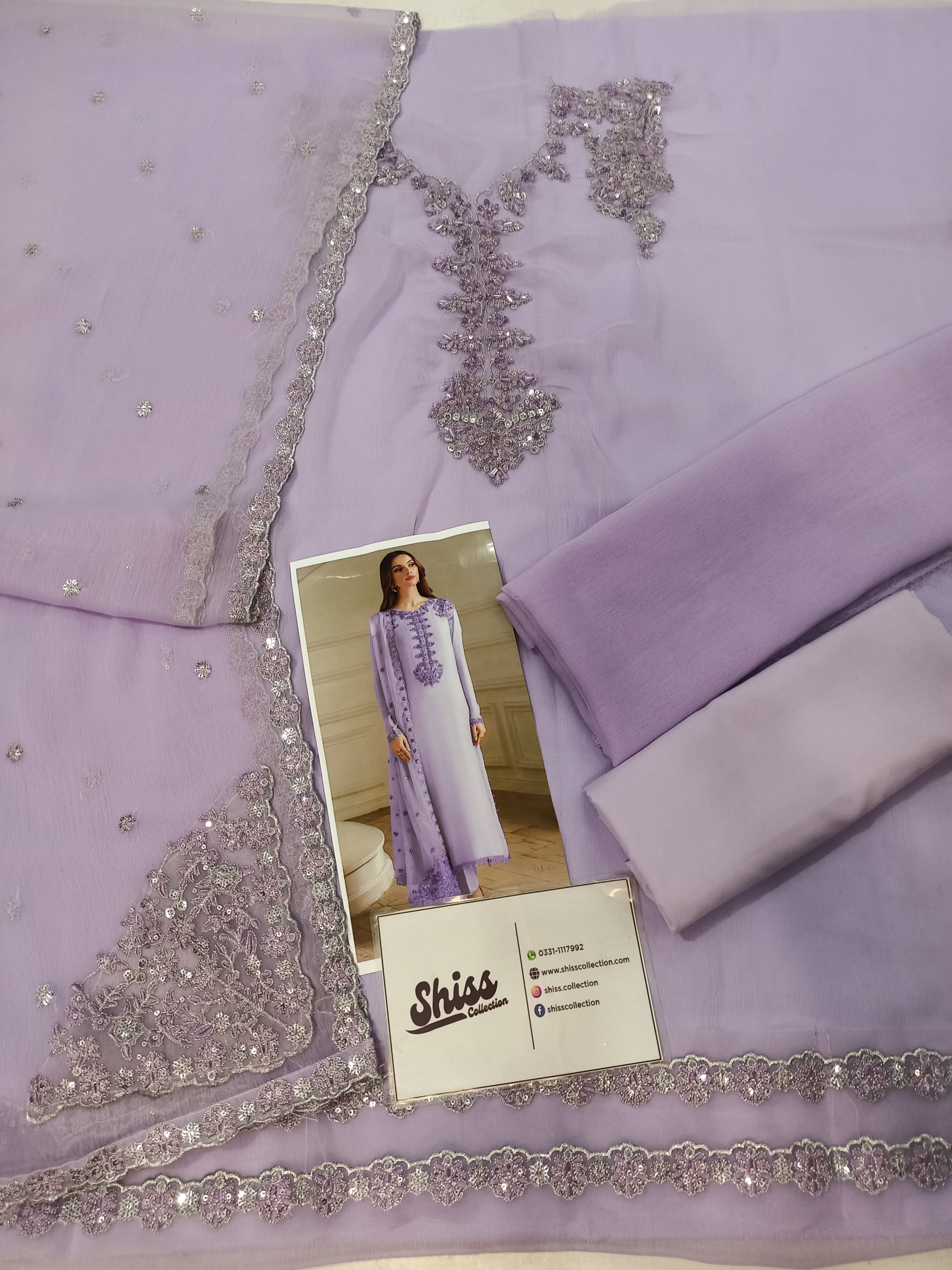 Iznik Lilac Chiffon Embroidery Hand Work 3Piece Unstitched