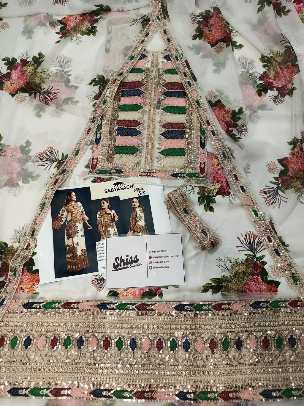 Sabya sachi White Silk Digital Printed Emboidery 3piece Unstitched