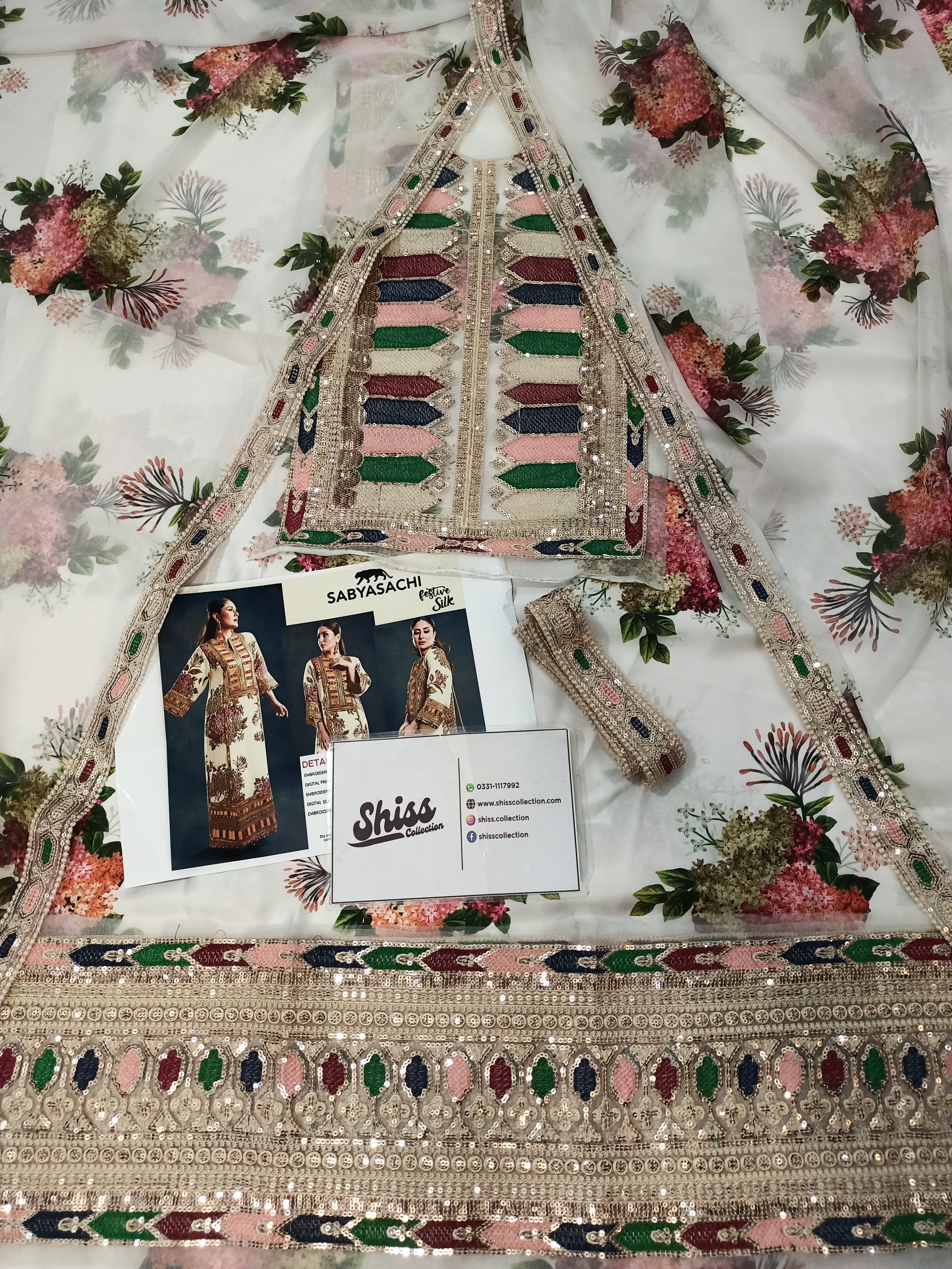 Sabya sachi White Silk Digital Printed Emboidery 3piece Unstitched