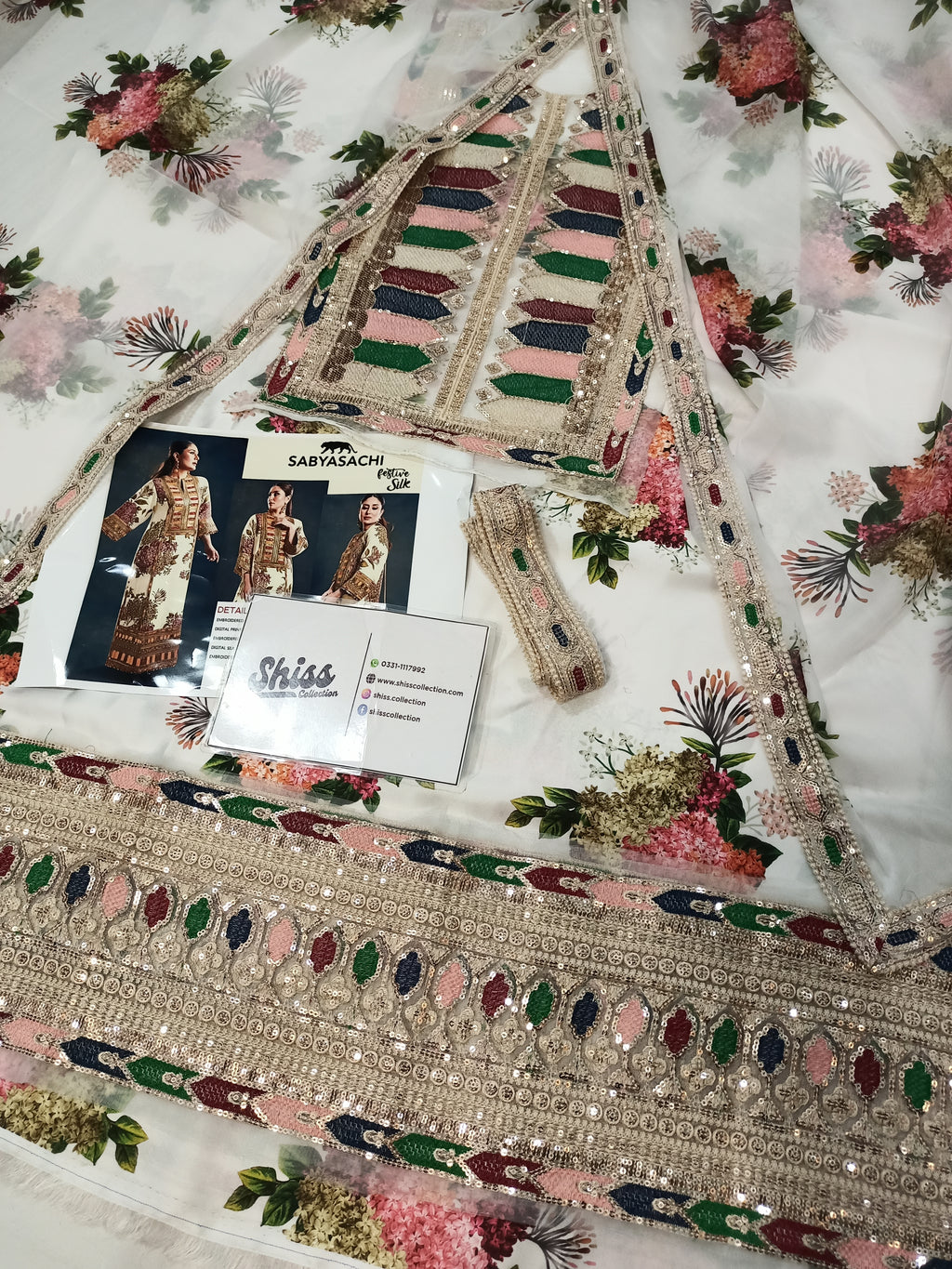 Sabya sachi White Silk Digital Printed Emboidery 3piece Unstitched