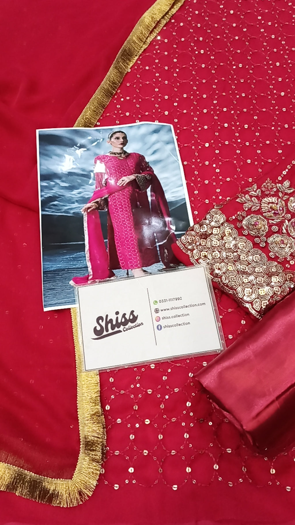 Shiss Collection Shocking Pink Embroidered Chiffon Hand Work Dress 3piece Unstitched