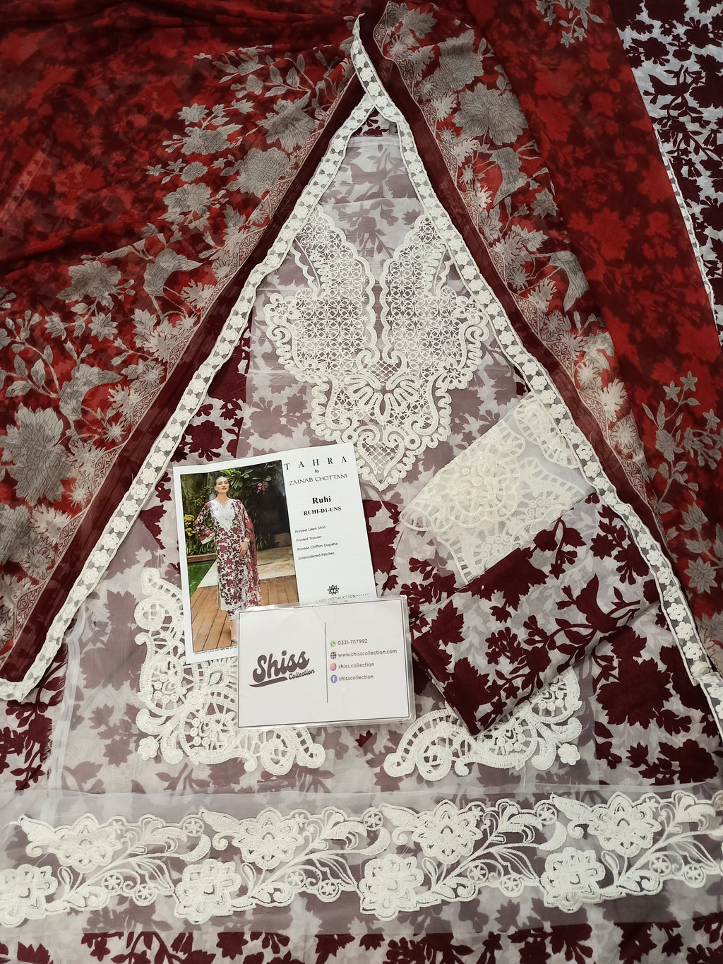 Zainab Chottani Gray Maroon Tahra Embroidered Lawn 3piece Unstitched