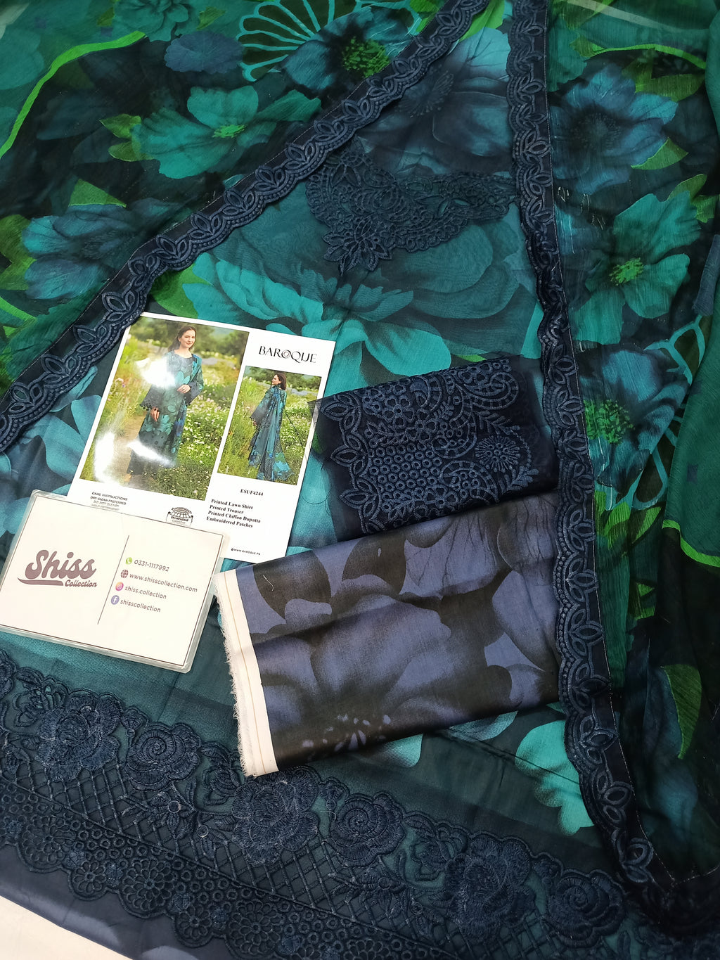 Baroque Navy Blue Lawn Digital Print Embroidery 3piece Unstitched