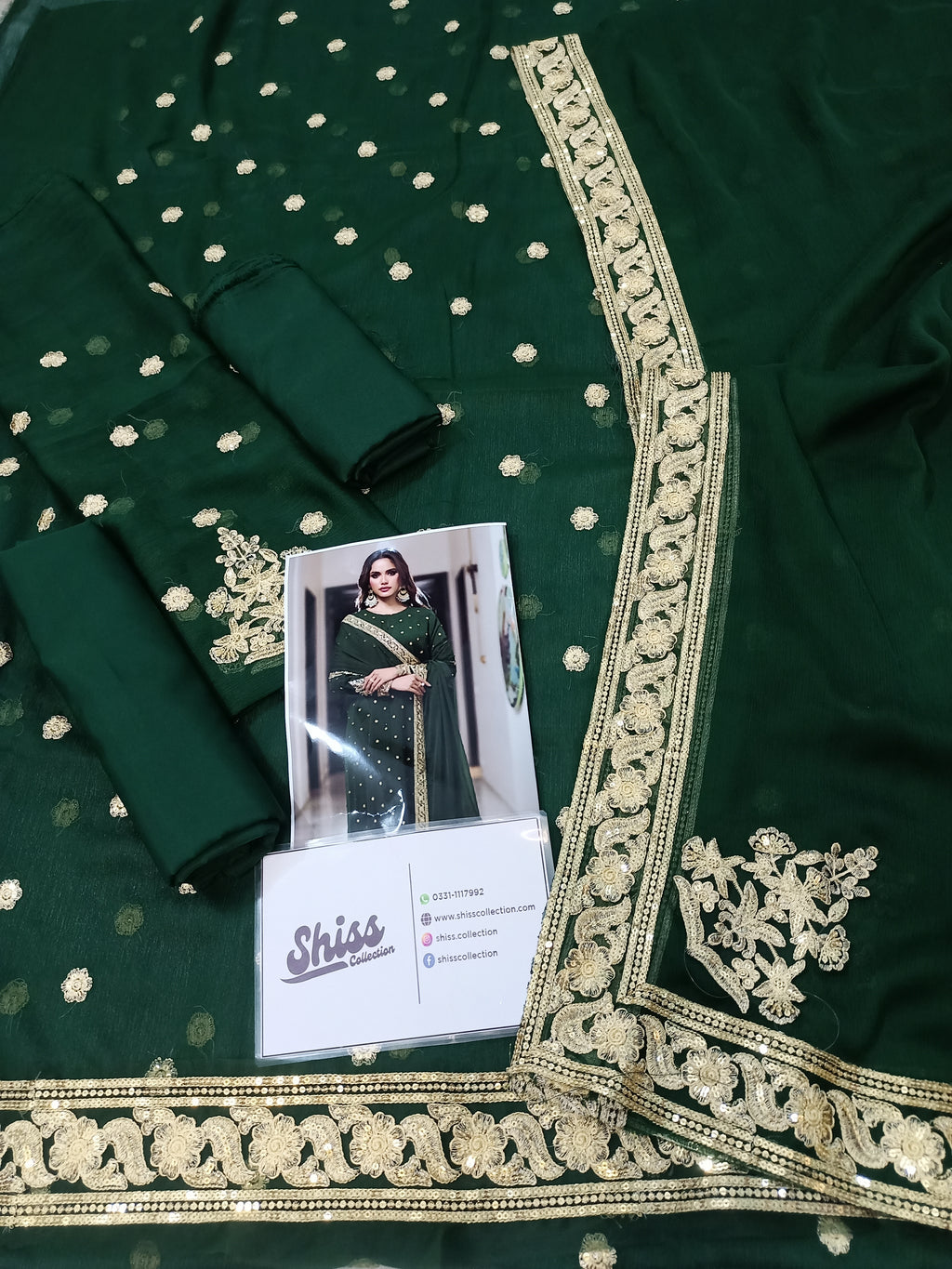 Iznik Bottle Green Chiffon Formal Collection Emboidery 3piece Unstitched