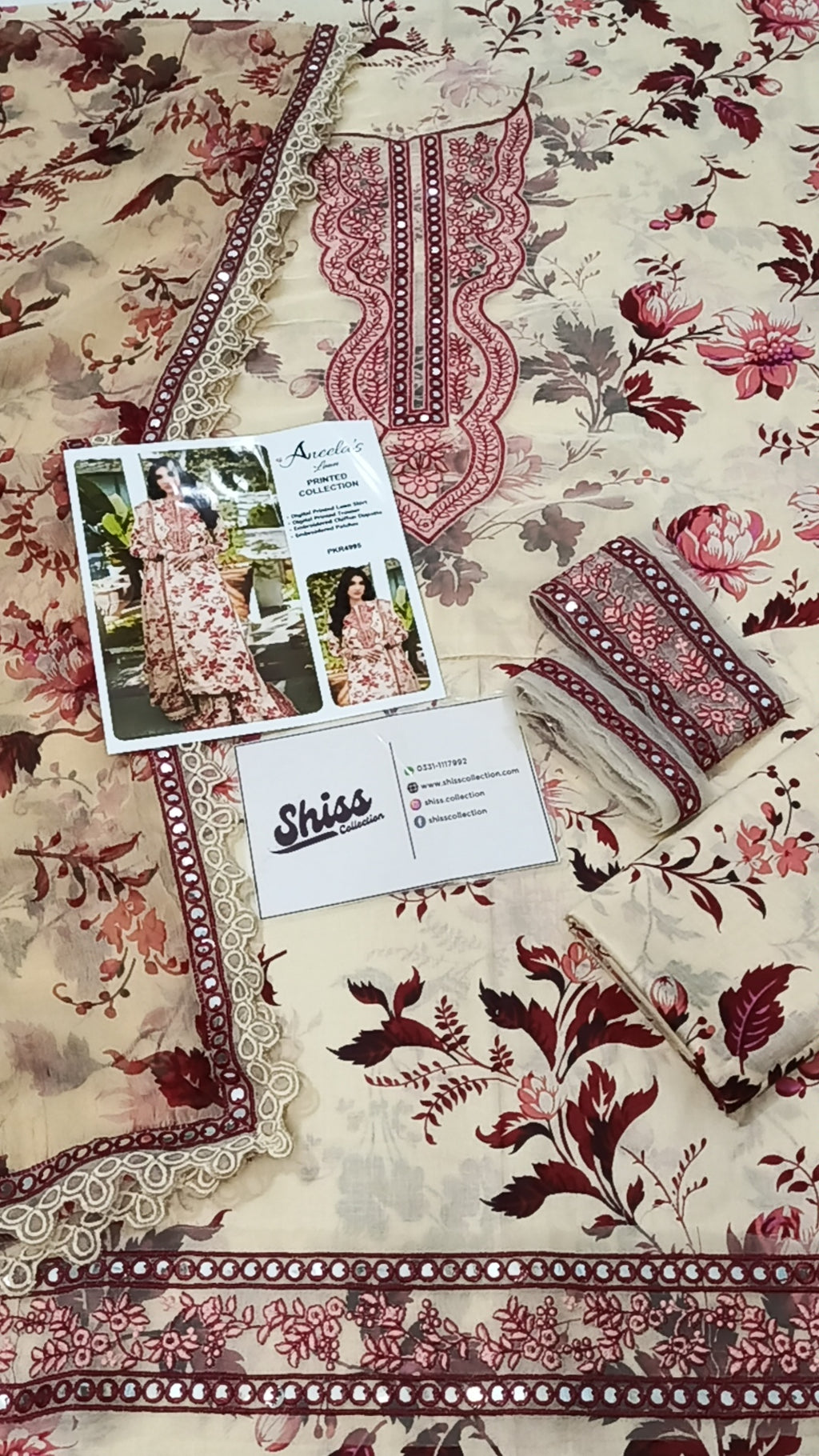 Aneela's Skin Maroon Print Luxury Lawn Embroidered 3Piece Unstitched