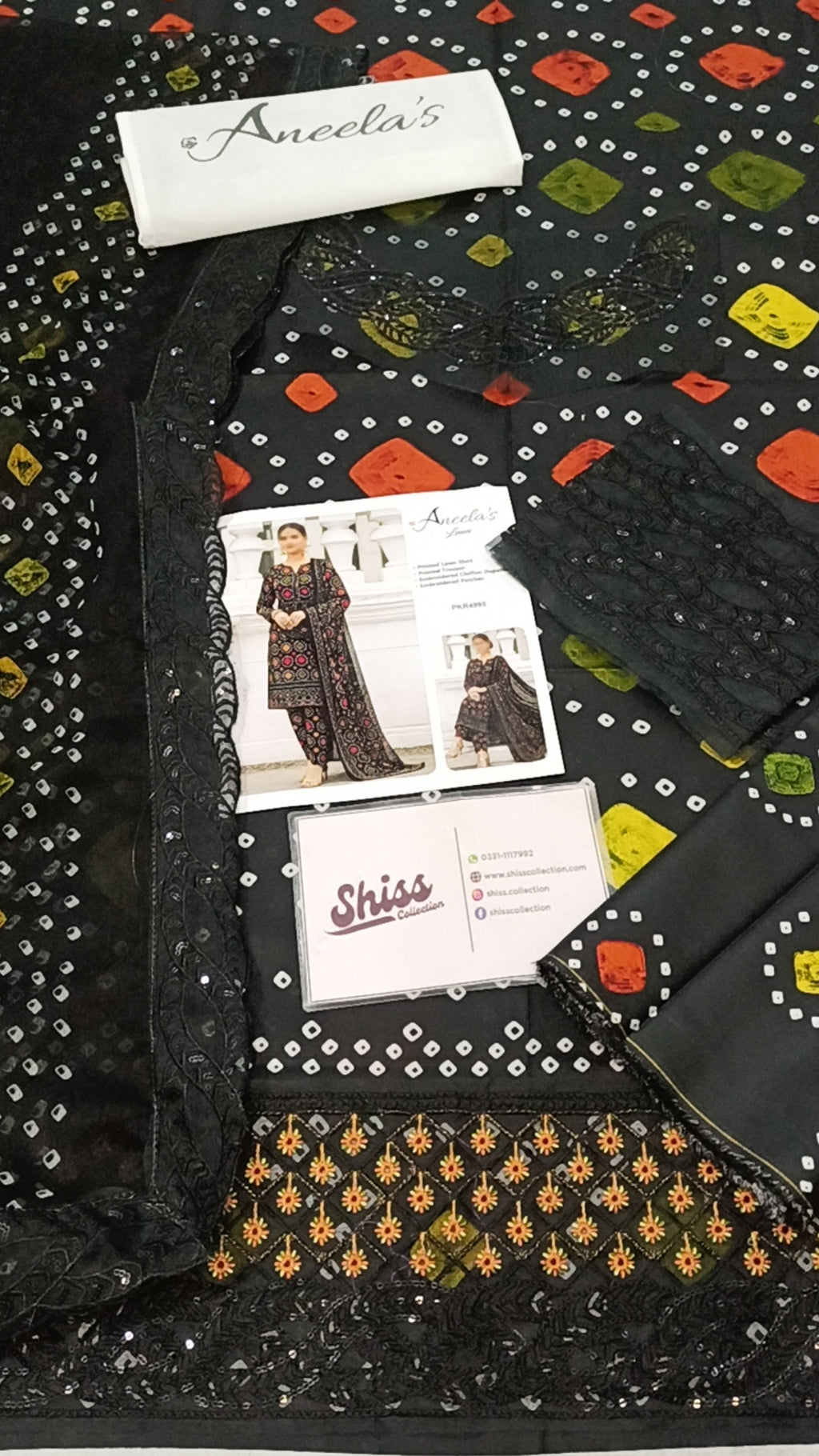 Aneela's Chundri Black Printed Lawn Embroidered 3Piece Unstitched