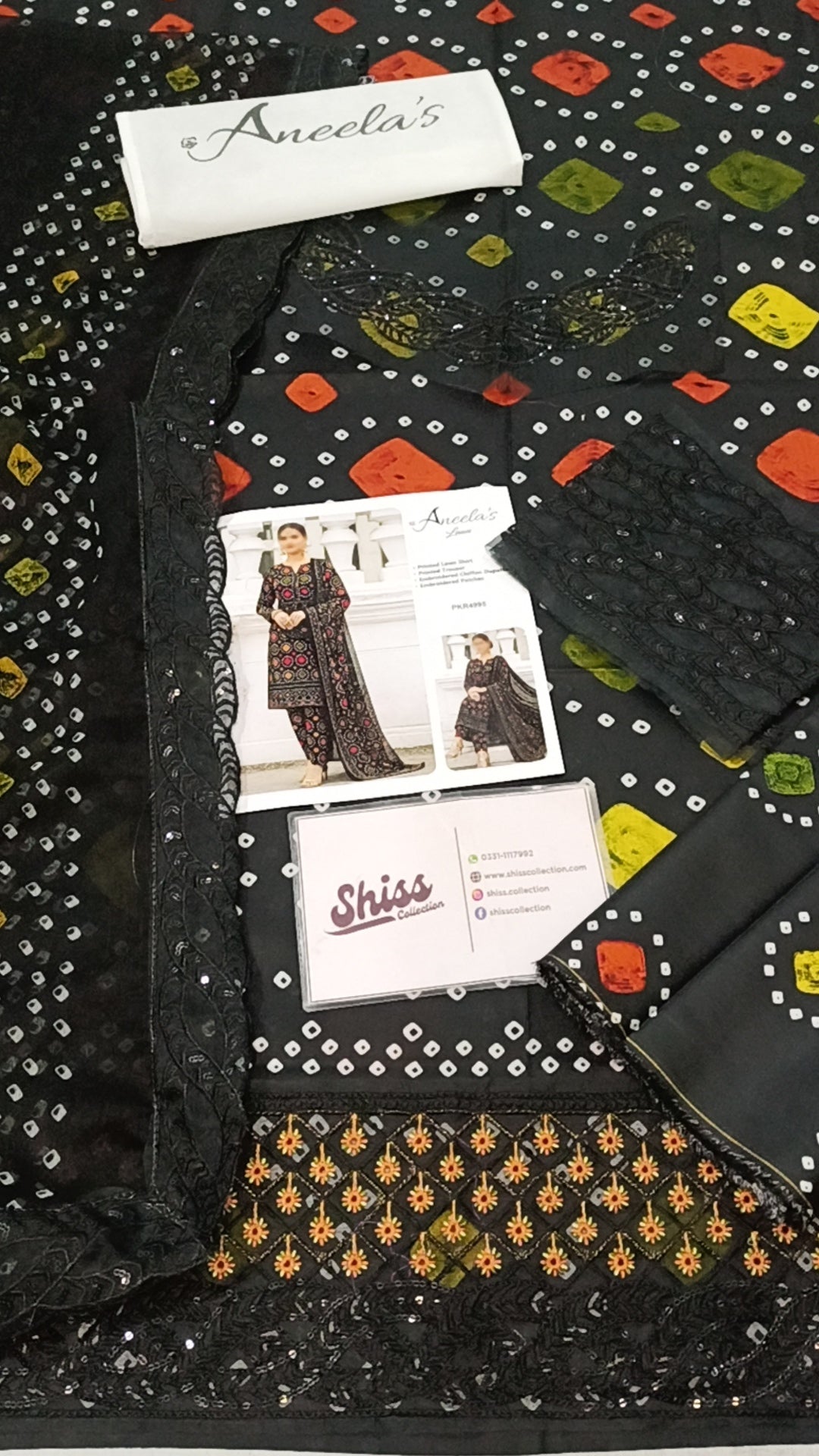 Aneela's Chundri Black Printed Lawn Embroidered 3Piece Unstitched