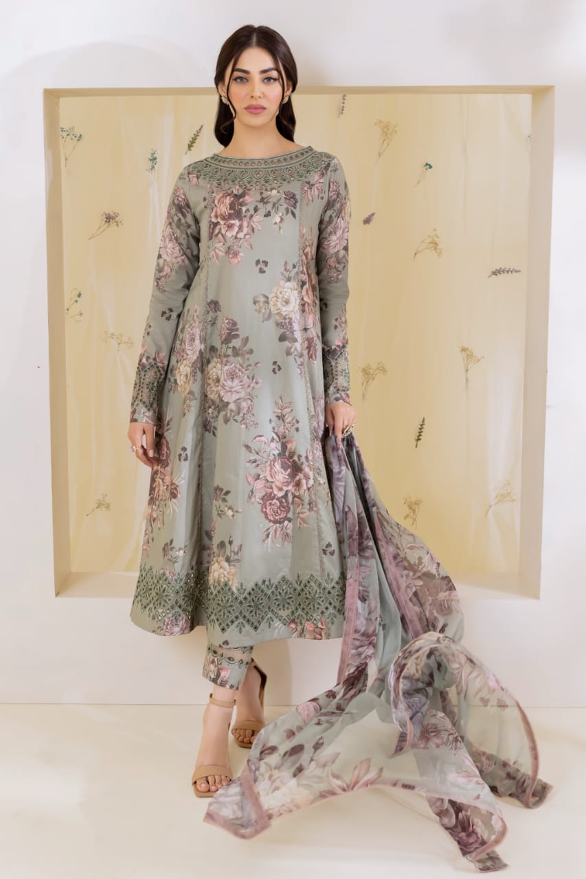 Iznik Green Pure Lawn Print Dress  - No: SC 1093 - Shiss collection