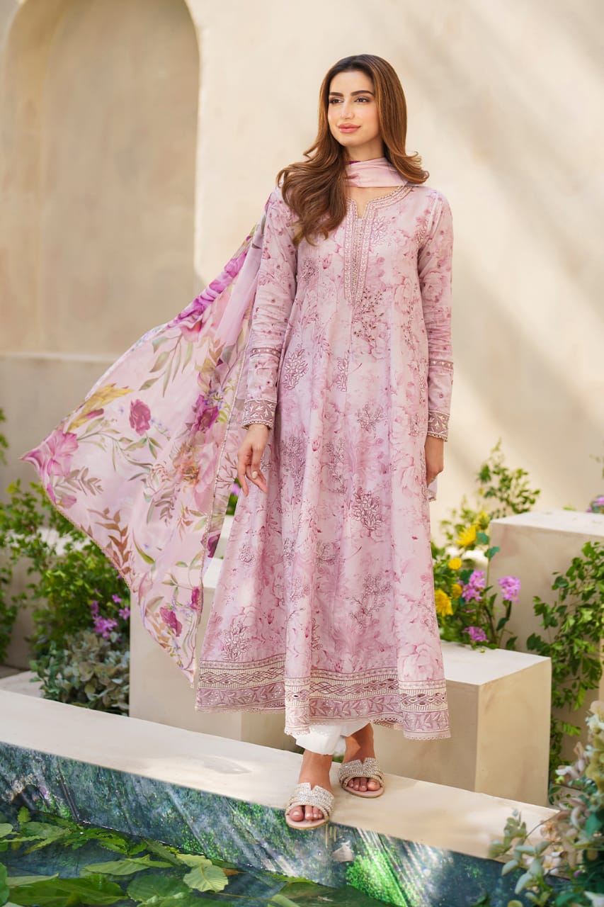 Iznik Print T pink Pure Lawn Dress  - No:SC 1092 - Shiss collection