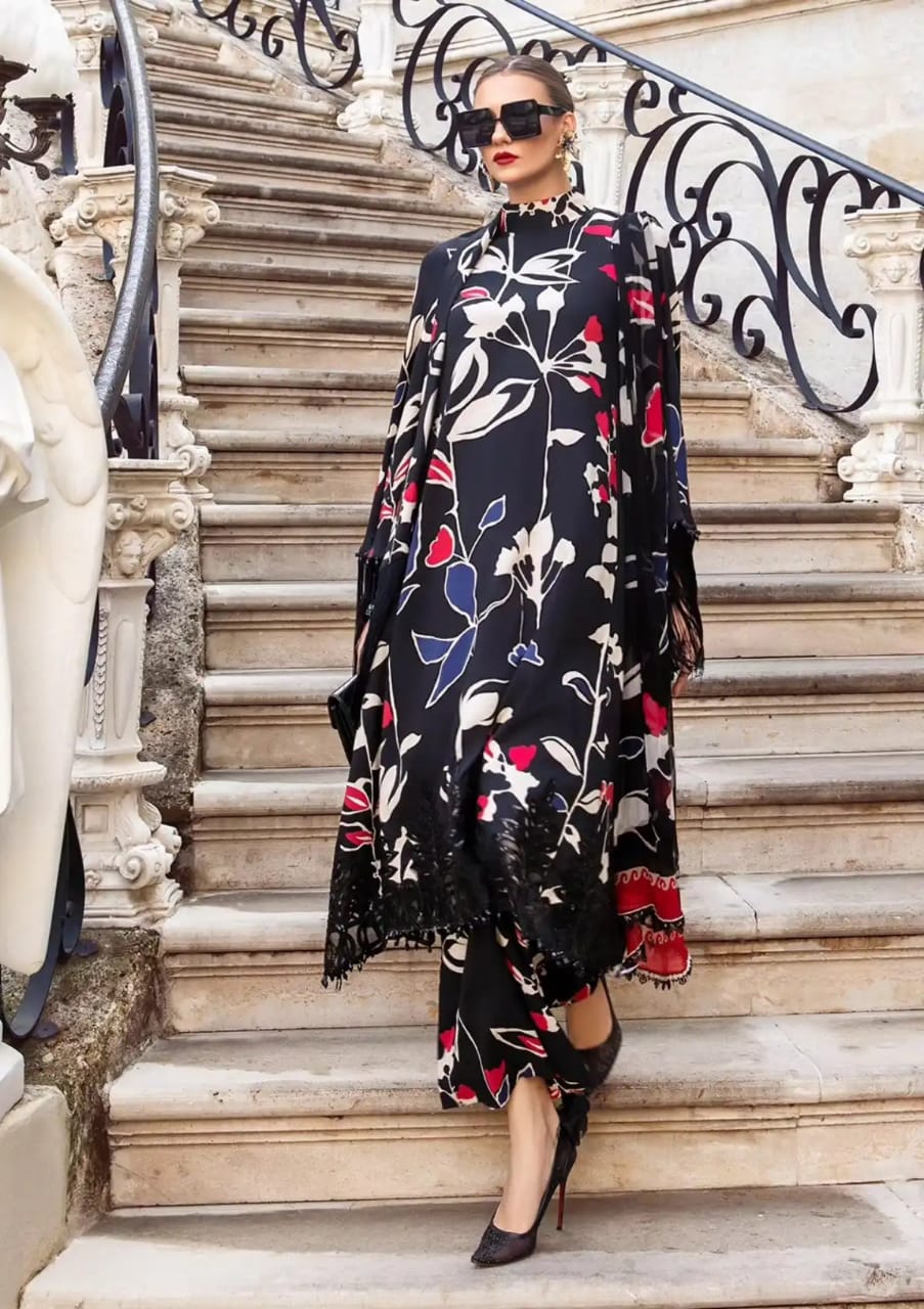 MARIA B Navy Blue Flower Print Pure Lawn - No:SC 1176 - Shiss collection