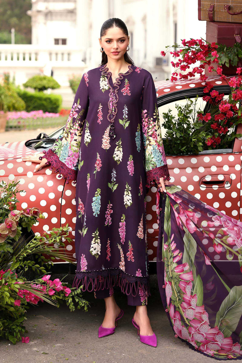 Maria D 5=A Purple Printed Lawn Summer'26 Embroidered 3Piece Unstitched