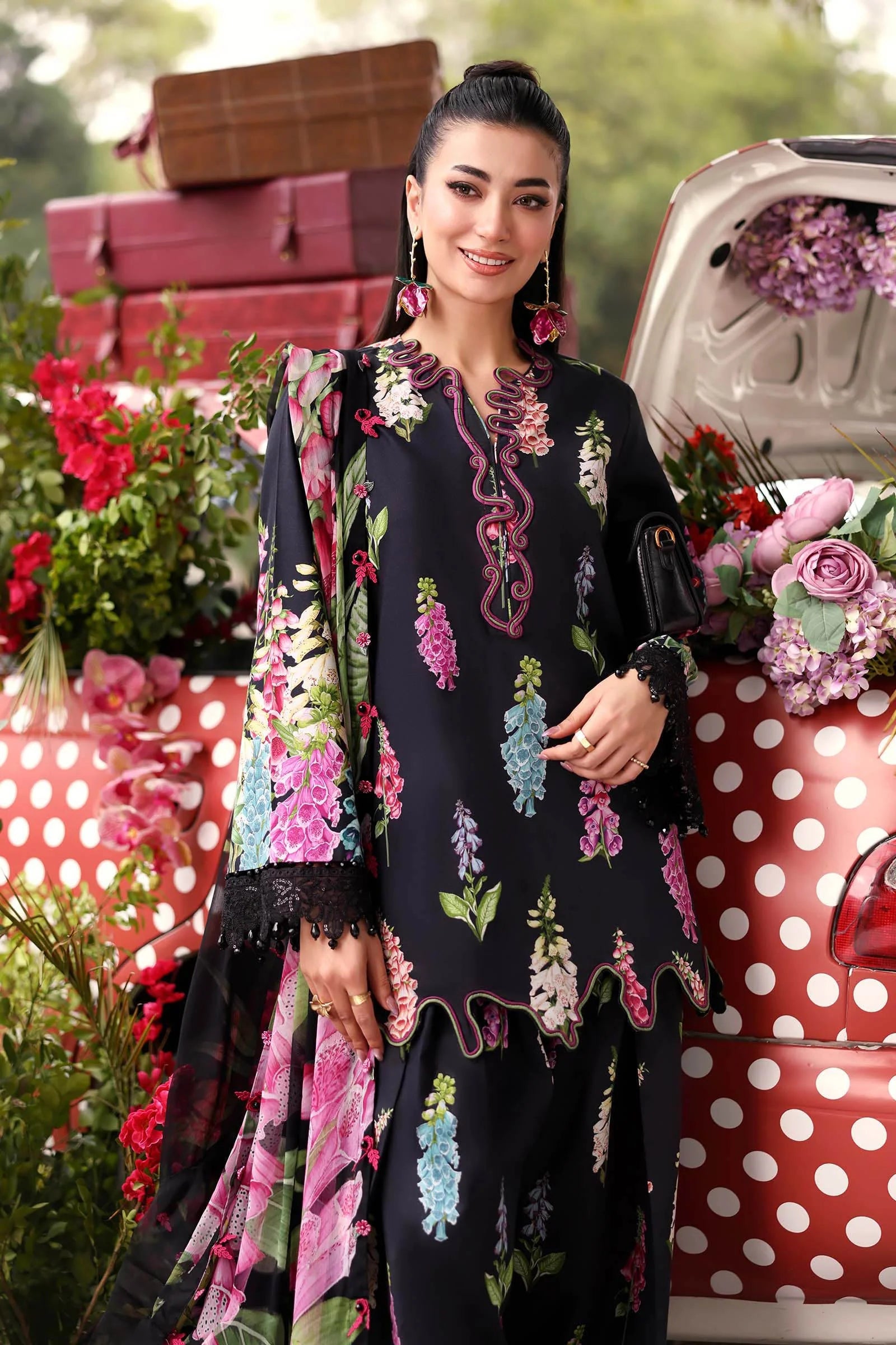 Maria D 5=B Black Printed Lawn Summer'26 Embroidered 3Piece Unstitched