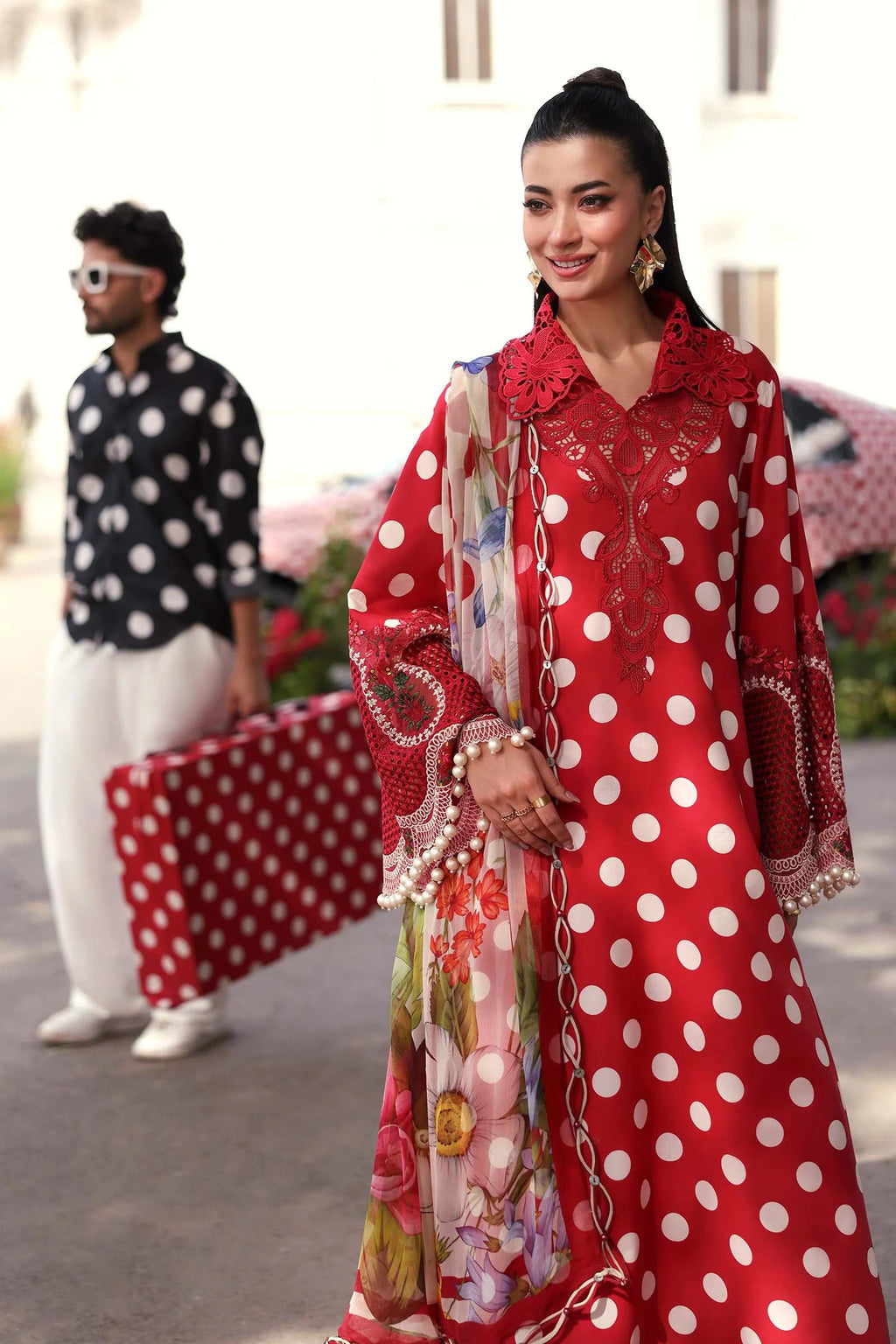 Maria B 8=B Red Full Printed Lawn Summer'26 Embroidered 3Piece Unstitched