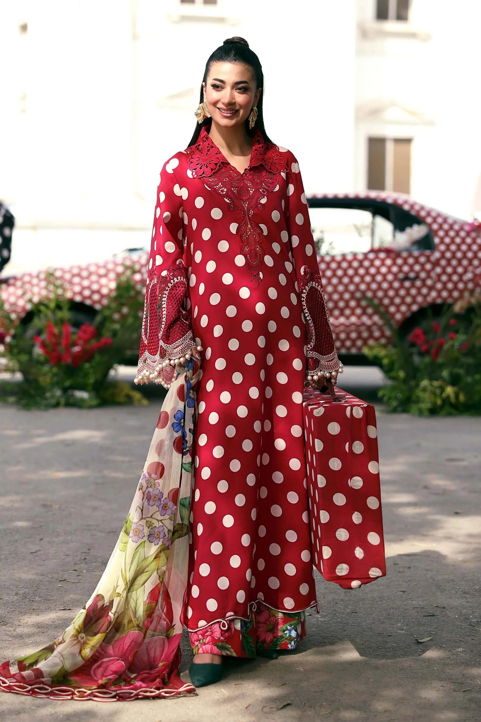 Maria B 8=B Red Full Printed Lawn Summer'26 Embroidered 3Piece Unstitched