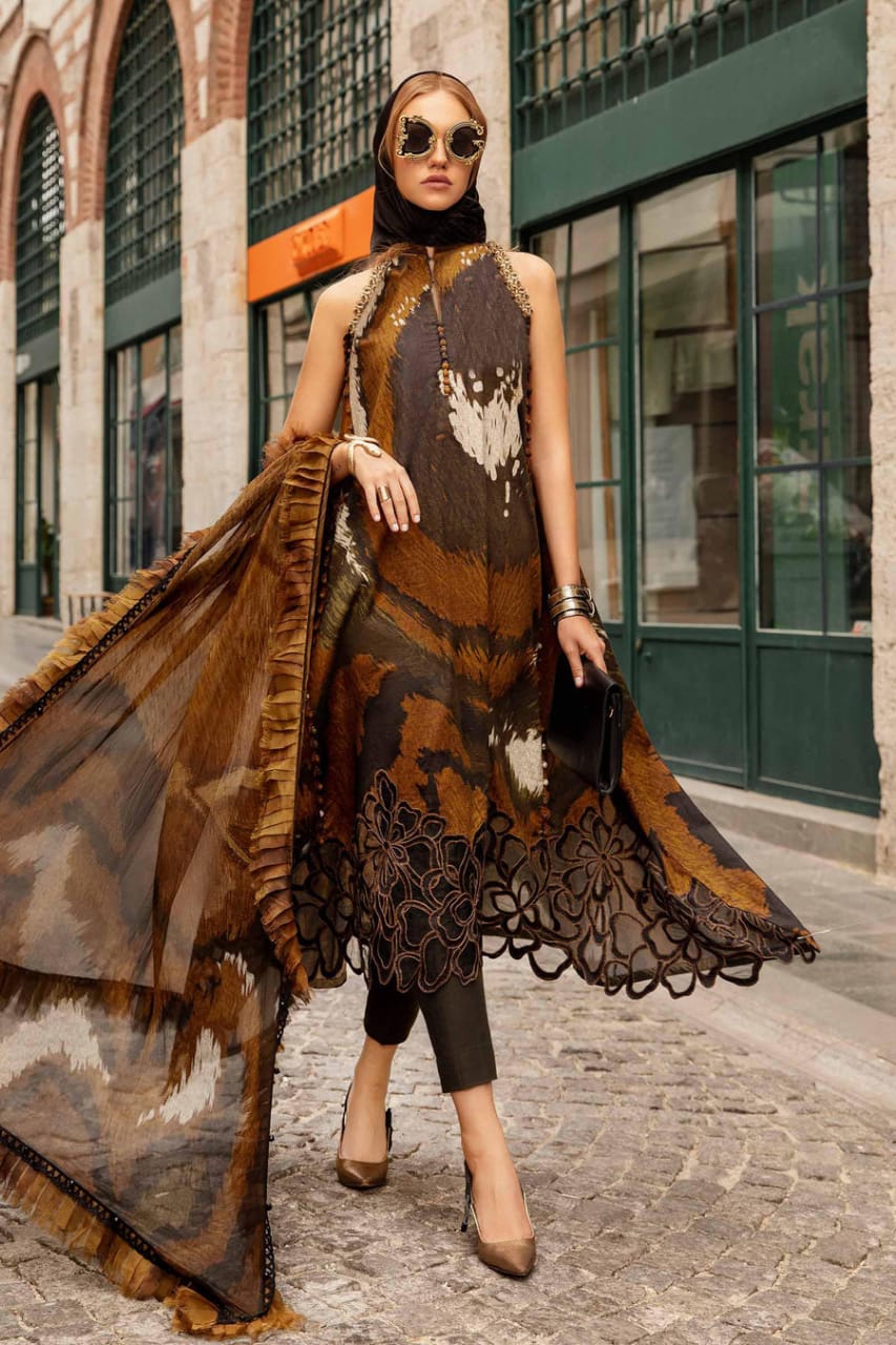 Maria B Golden Brown Lawn Dress - No: SC 1154  - Shiss collection