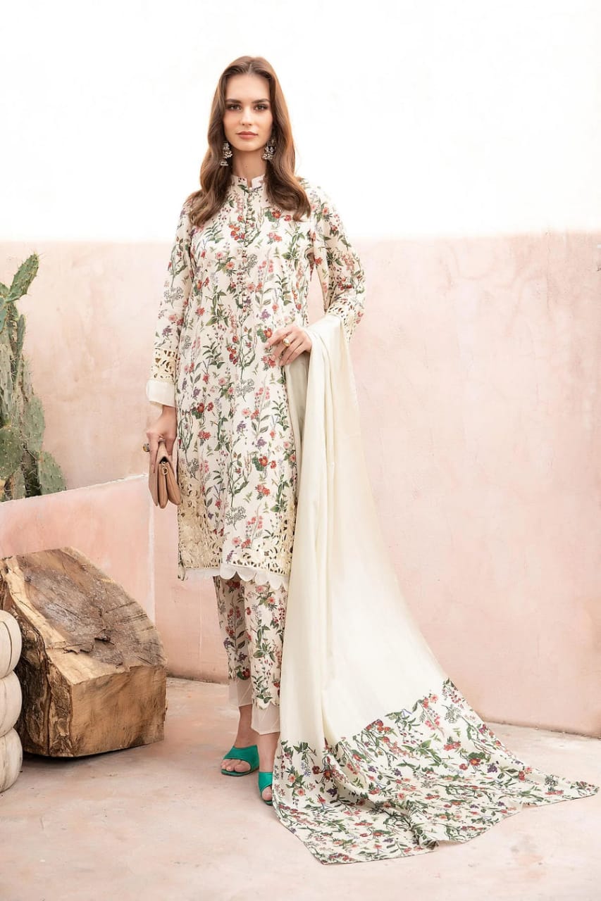 Maria B M Print Cream Pink Pure Lawn Dress  - No: SC 1160 - Shiss collection