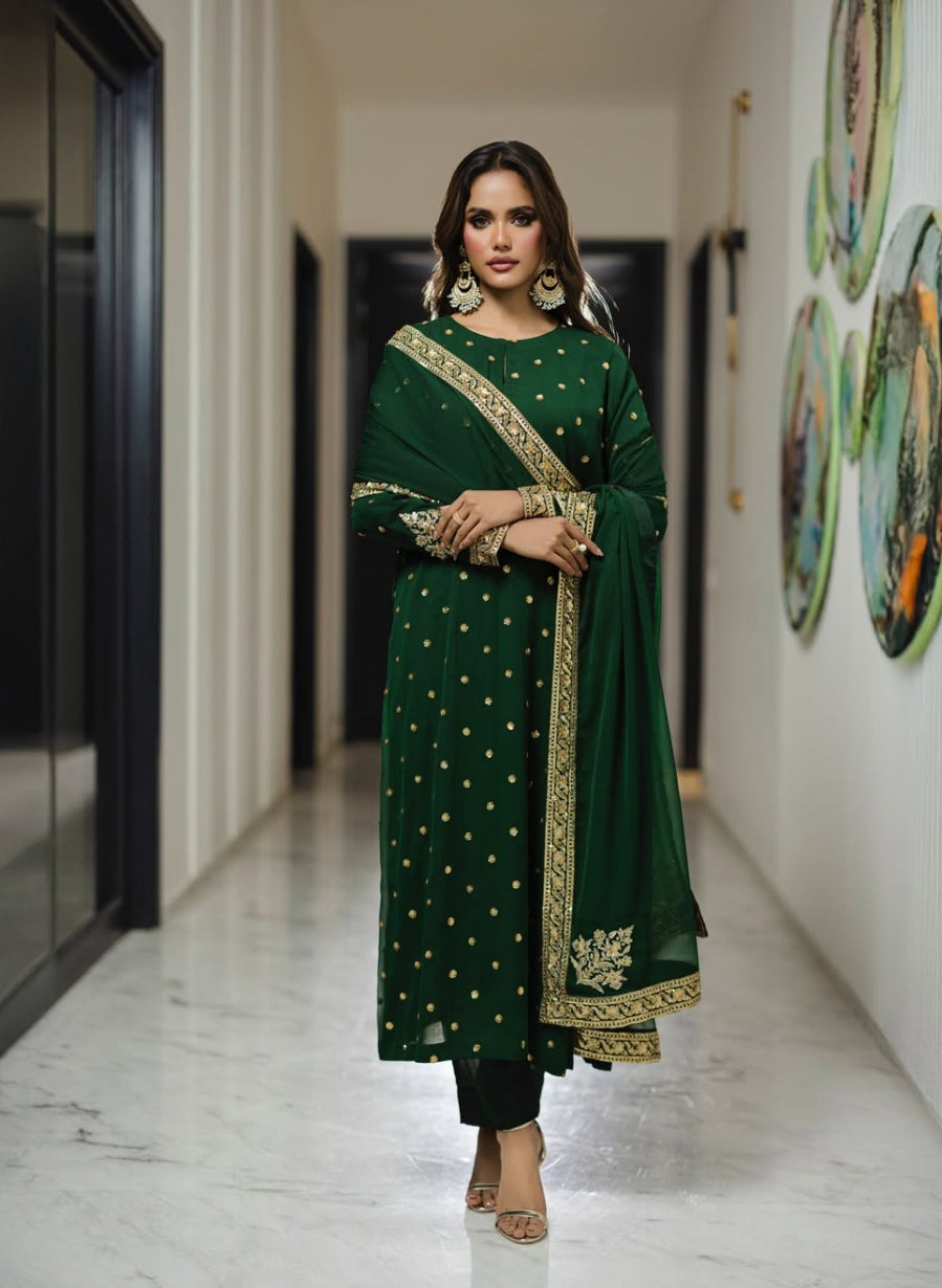 Iznik Bottle Green Chiffon Formal Collection Emboidery 3piece Unstitched