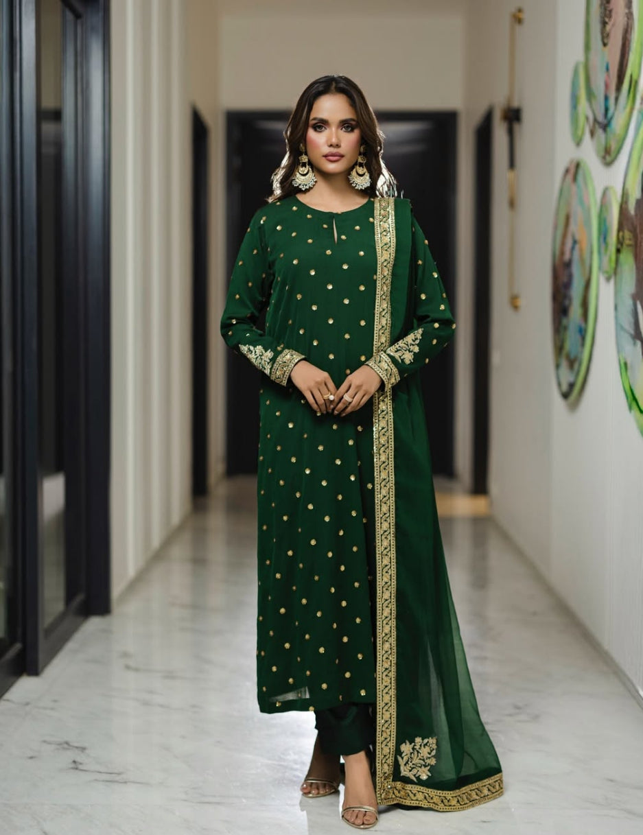Iznik Bottle Green Chiffon Formal Collection Emboidery 3piece Unstitched