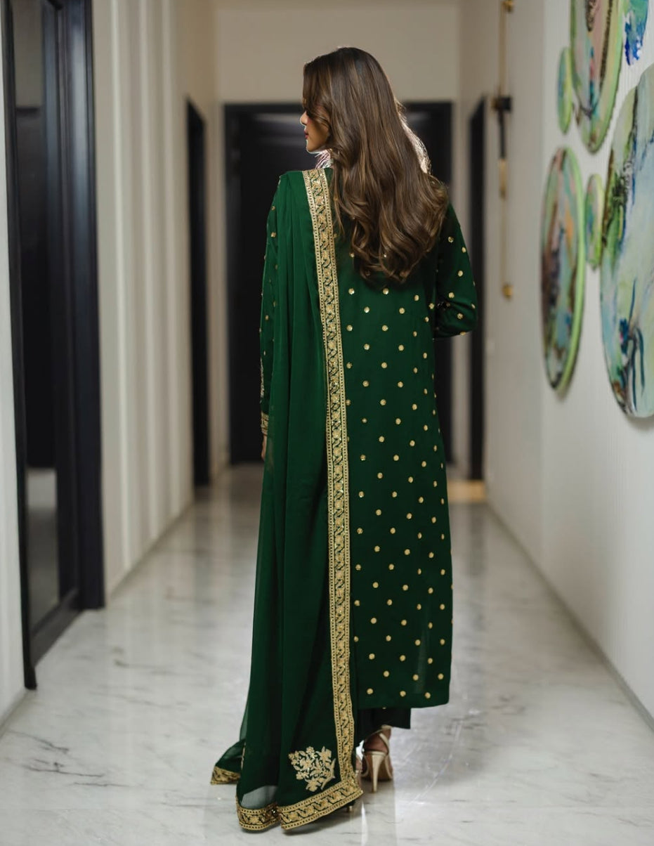 Iznik Bottle Green Chiffon Formal Collection Emboidery 3piece Unstitched