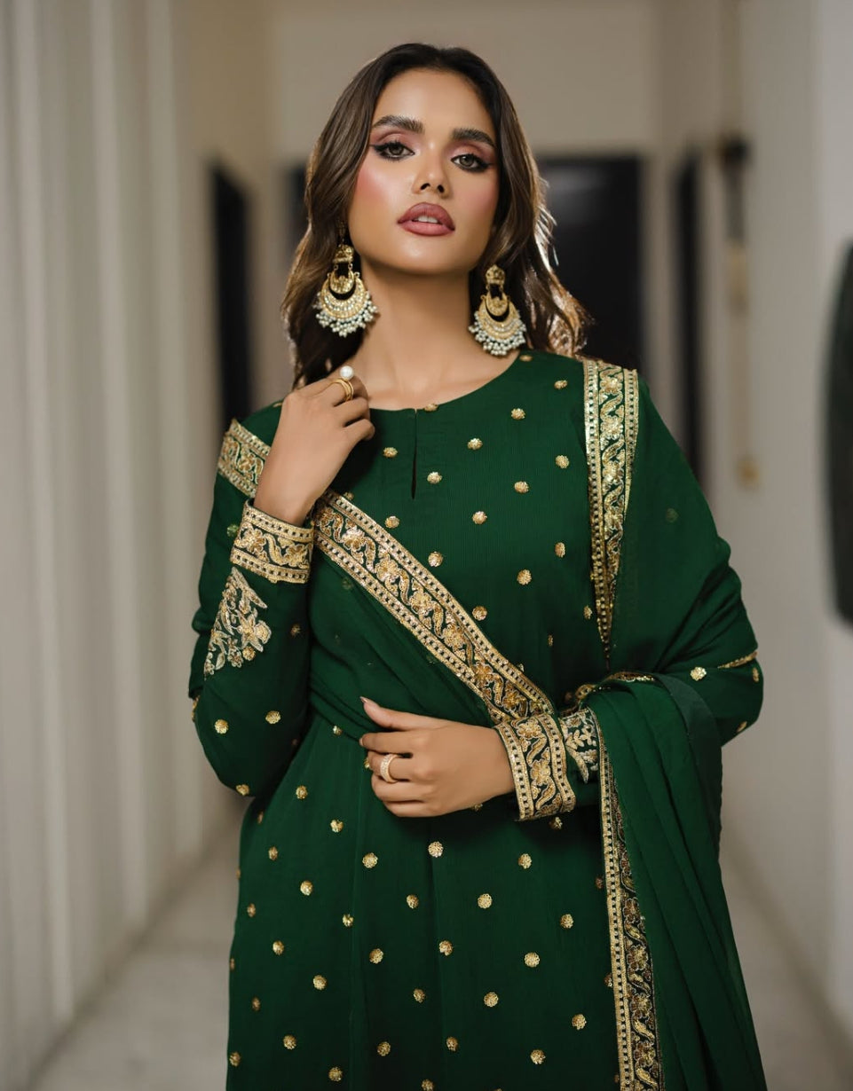 Iznik Bottle Green Chiffon Formal Collection Emboidery 3piece Unstitched