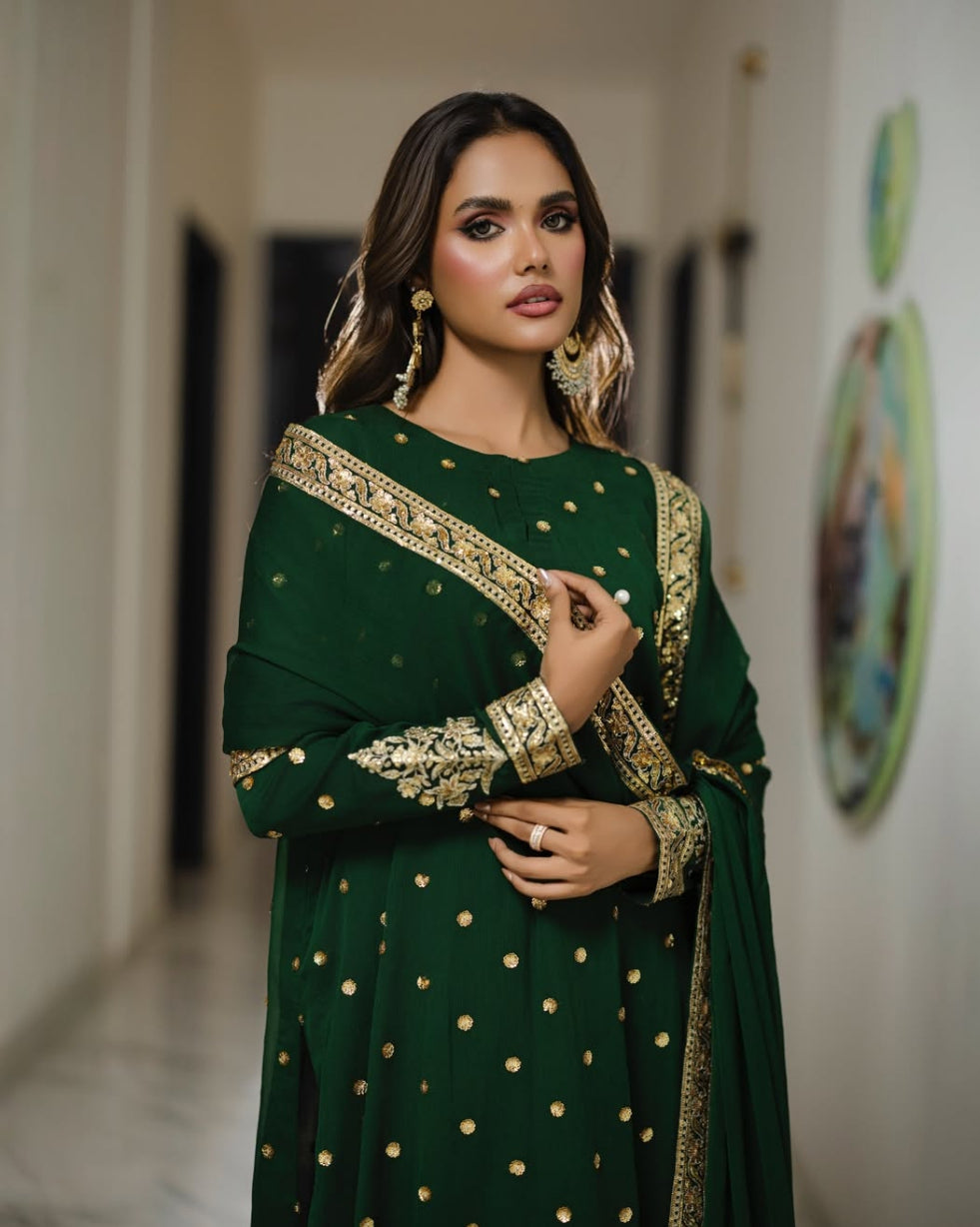Iznik Bottle Green Chiffon Formal Collection Emboidery 3piece Unstitched