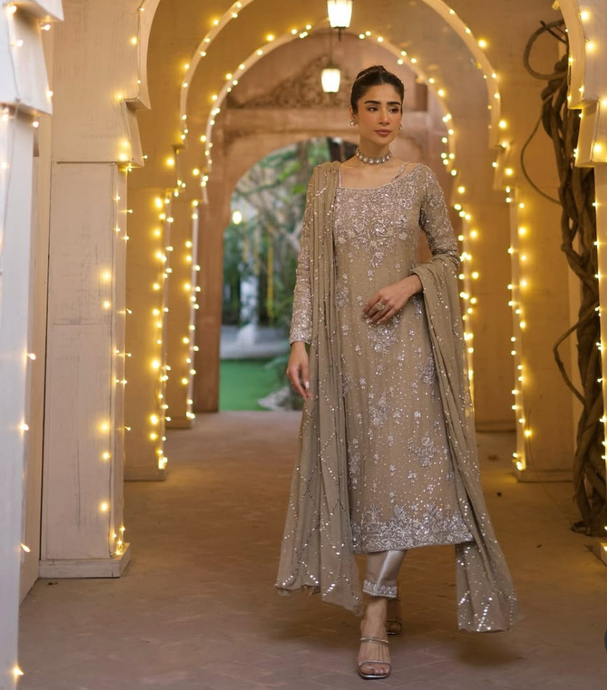 Nimra Khokhar Luxury Chiffon Embroidery Hand Work 3piece Unstitched