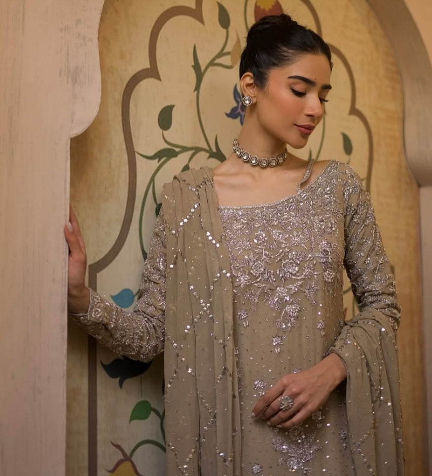 Nimra Khokhar Luxury Chiffon Embroidery Hand Work 3piece Unstitched