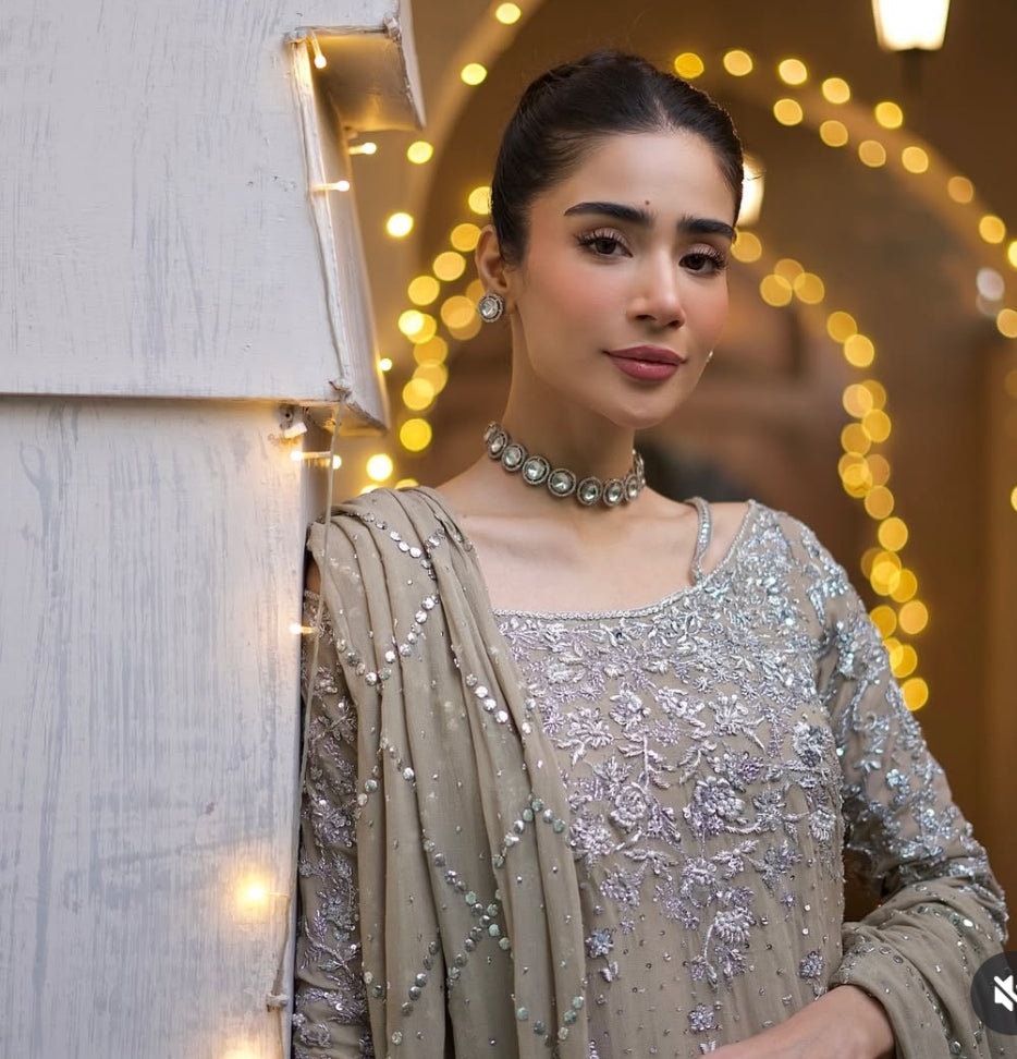 Nimra Khokhar Luxury Chiffon Embroidery Hand Work 3piece Unstitched