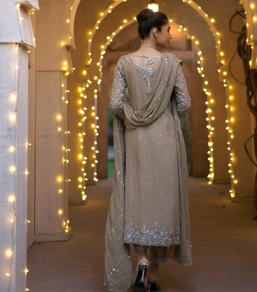 Nimra Khokhar Luxury Chiffon Embroidery Hand Work 3piece Unstitched