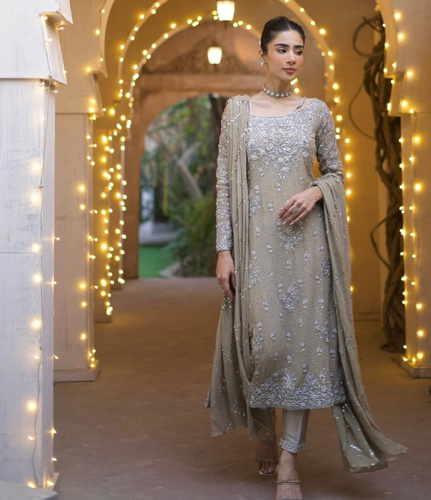 Nimra Khokhar Luxury Chiffon Embroidery Hand Work 3piece Unstitched