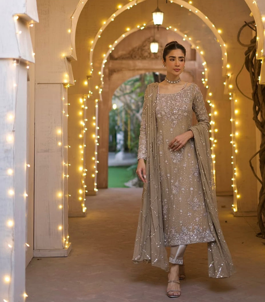 Nimra Khokhar Luxury Chiffon Embroidery Hand Work 3piece Unstitched