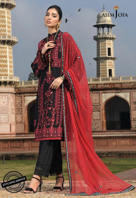 Asim Jofa Lawn dress Embroidered collection Black color 3 Piece Unstitched Suit