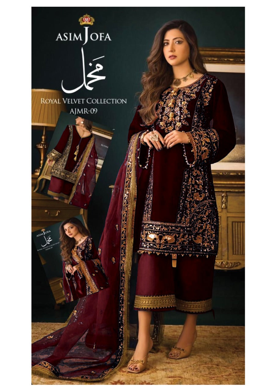 Asim Jofa collection velvet Maroon Embroidered SC 1020