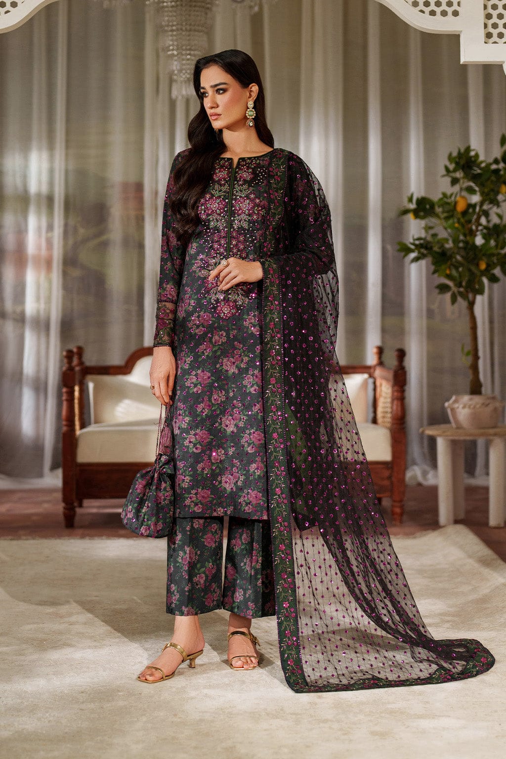 Iznik Black Full Print Lawn Embroidered 3Piece Unstitched