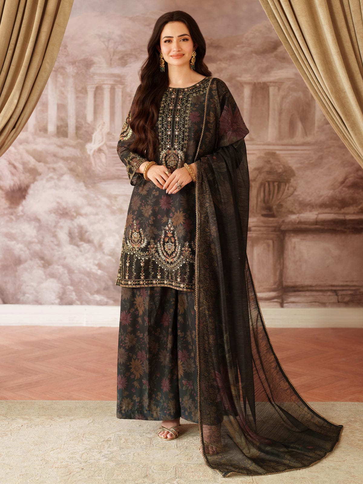 Mohagni Black Full Print Lawn Embroidered 3Piece Unstitched