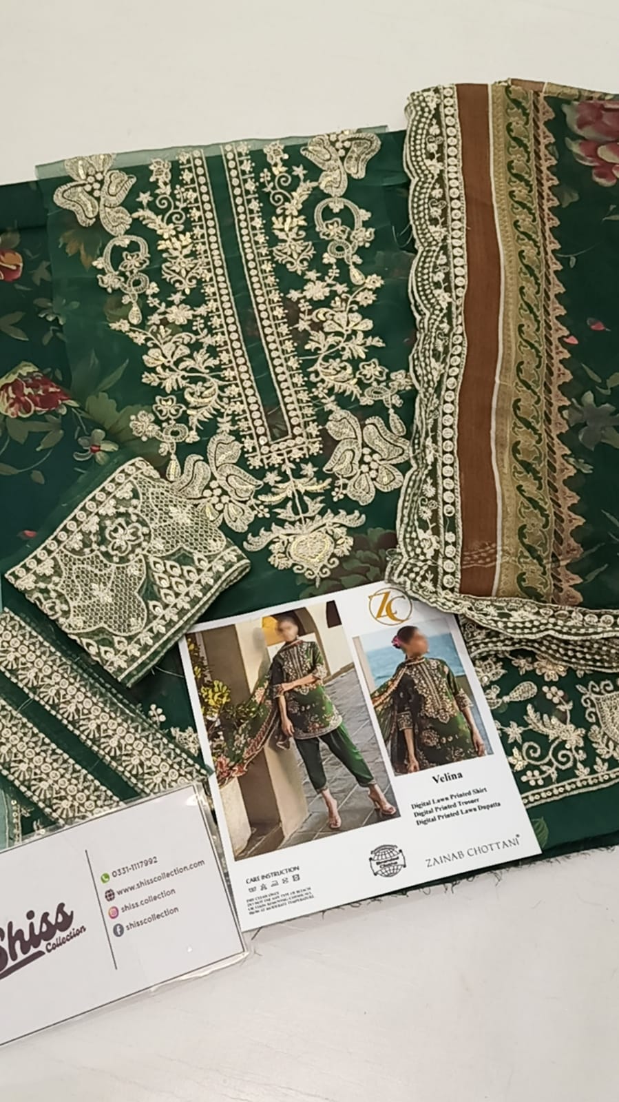 Zainab Chottani Bottle Green Embroidered Printed Lawn 3PC Unstitched