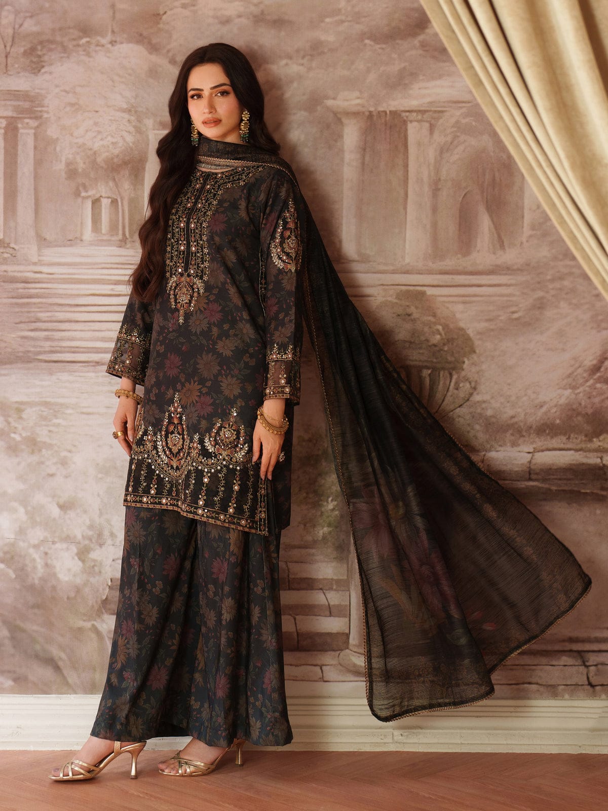 Mohagni Black Full Print Lawn Embroidered 3Piece Unstitched