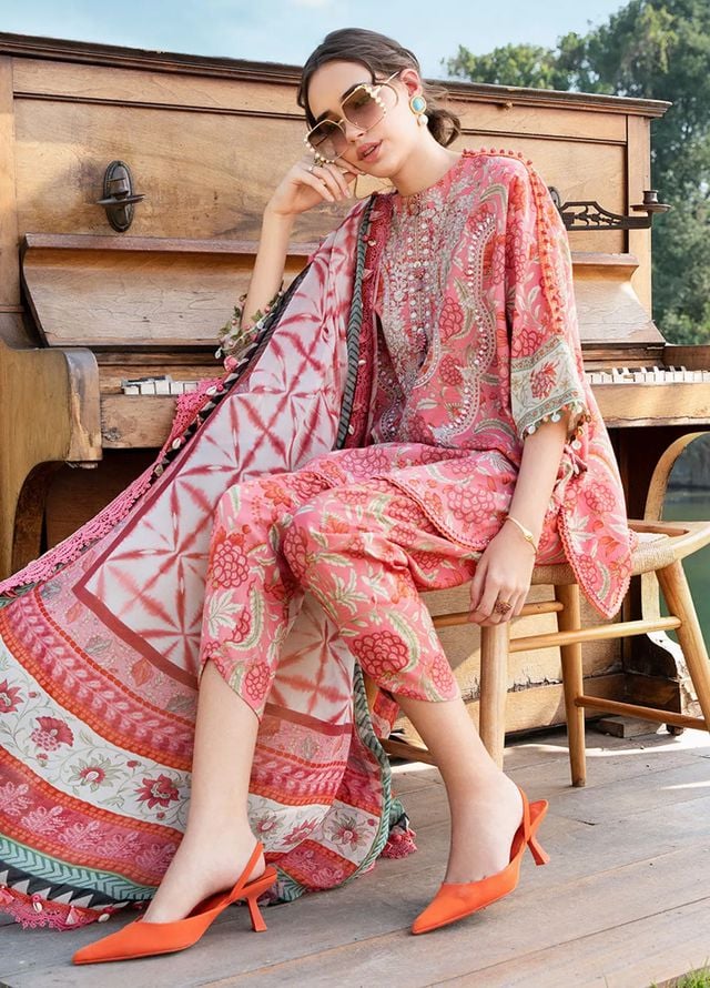 M.B Pink printed Lawn Embroidery Duptta 3pc Unstitched Dress SC-1263