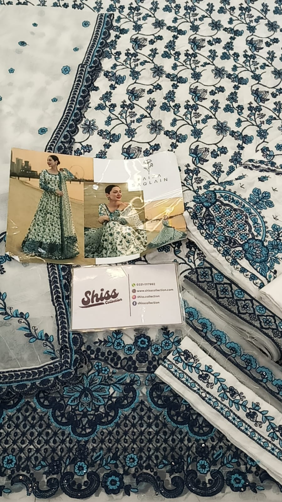 Faiza Saqlain White Blue Luxury Lawn Embroidery Frock Untitched