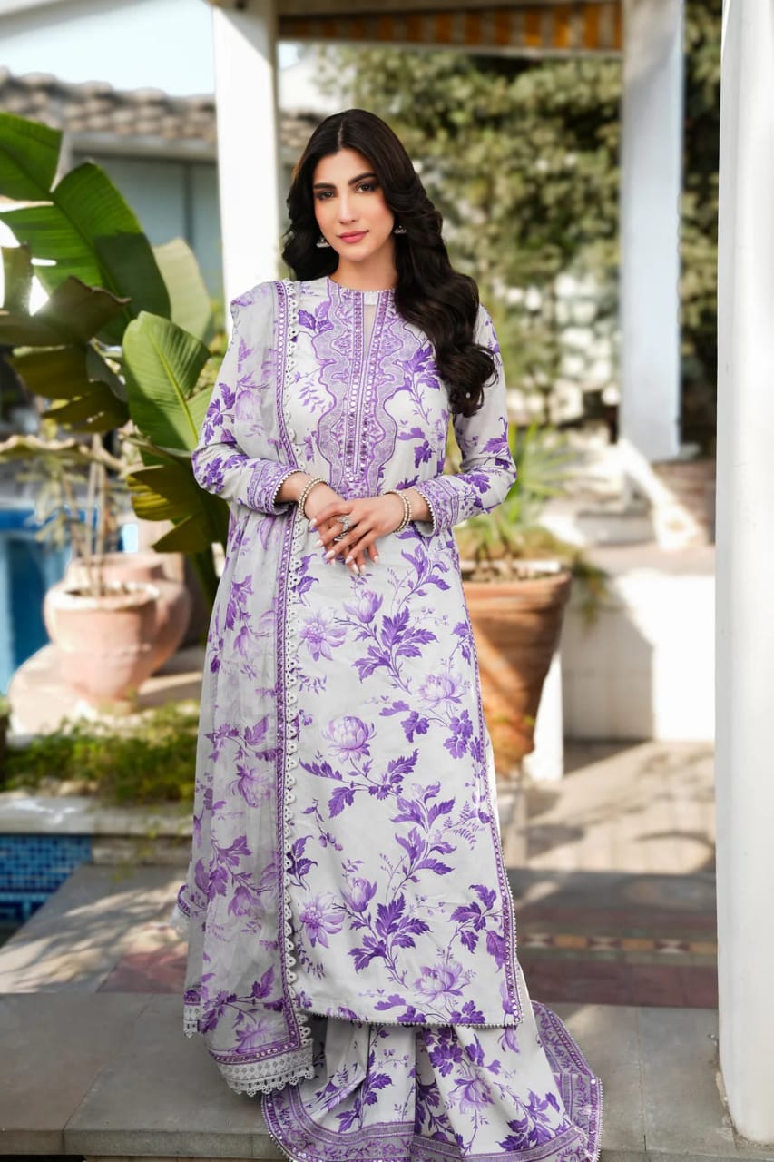 Aneela's Purple Luxury Lawn Embroidered 3Piece Unstitched  SC-1329